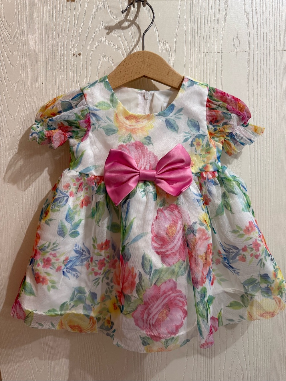 Rare Editions White Floral Dress with Pink Bow